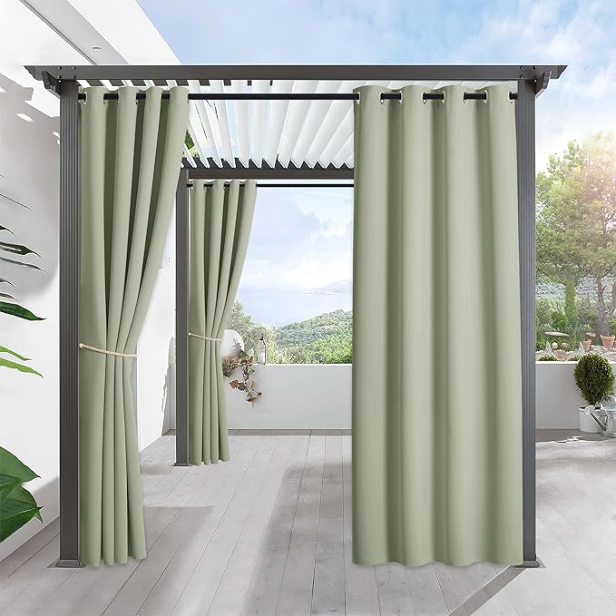 RYB HOME Outdoor Curtains for Patio Waterproof Block Sunlight Thermal Insulated Privacy Assured Thick Outside Curtains for Porch, Gazebo, Pergola, W52 x L84, Sage Green, 1 Panel