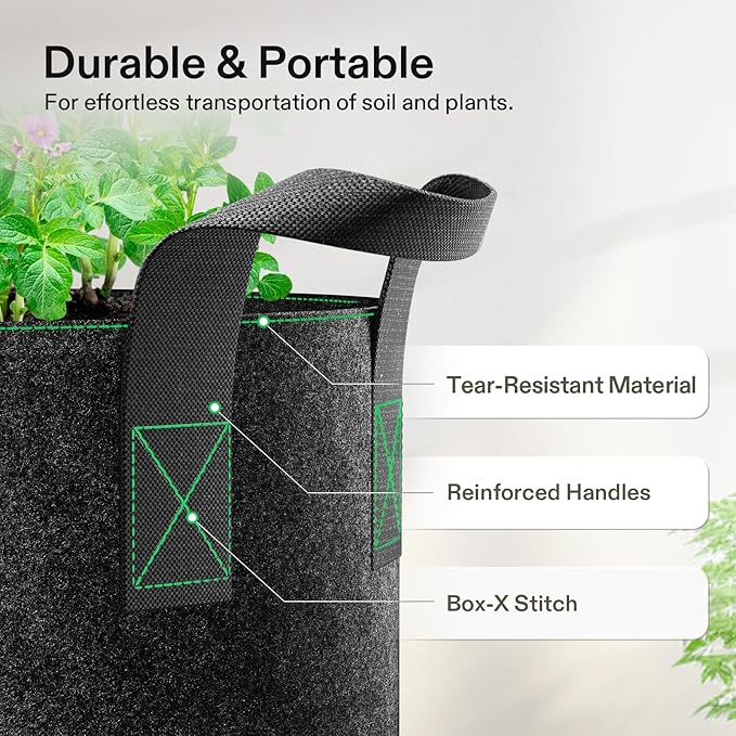 VIVOSUN 5-Pack 20 Gallon Plant Grow Bags, Heavy Duty Thickened Nonwoven Fabric Pots with Handles