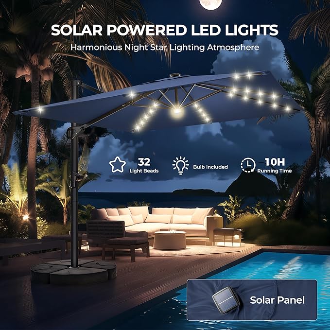 HOMSHADE 10 ft Square Cantilever Patio Umbrella with Base Included, Solar Lights Large Umbrella Outdoor Patio with 360°Rotation&Tilting, LED Lighted Offset Umbrellas w/Stand for Pool Deck