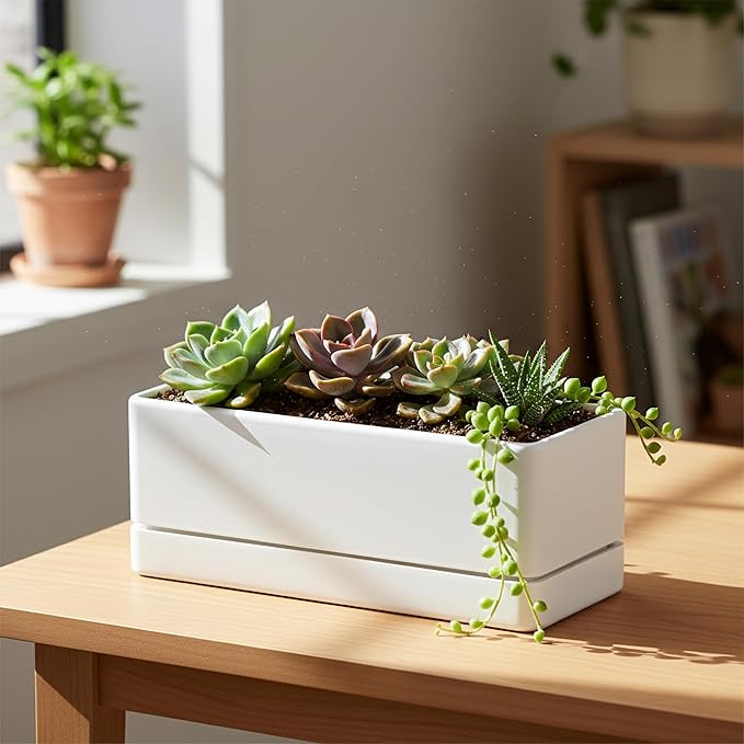 D'vine Dev 12 Inch Window Box Planter, Rectangle Plastic Herb Planter with Drainage Holes and Saucer, Indoor Succulent Cactus Vegetable Pot for Windowsill, Garden Balcony, White, Set of 2, 76-X-A-2
