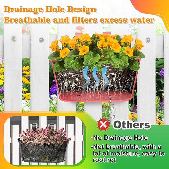 MADHOLLY Railing Planter with Drainage Holes - Sturdy Bucket Pots for Railing Fence, Countryside Style Metal Flower Pots for Herbs Balcony Garden Yard Decor, 4Pcs, Colorful