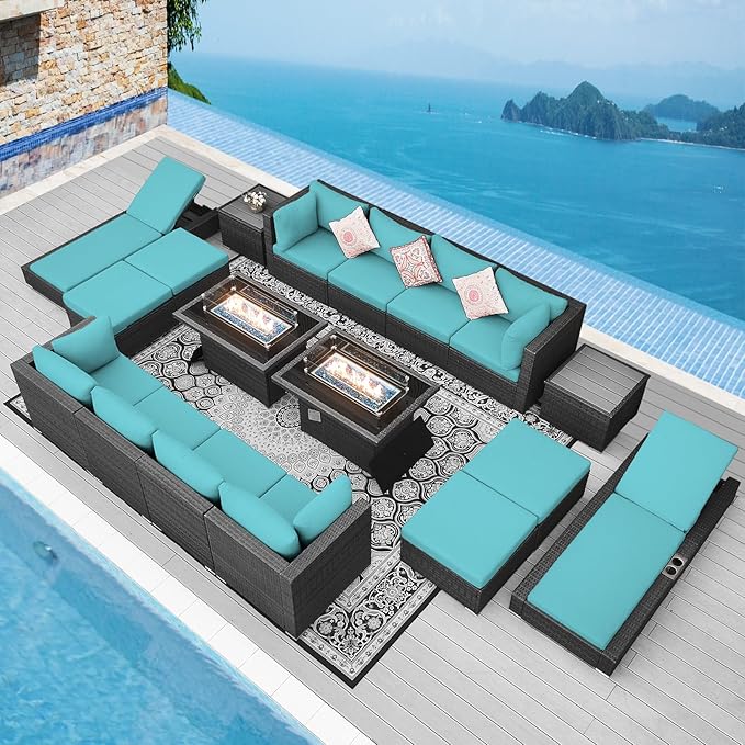 NICESOUL 18 Piece Outdoor Sectional with Fire Pit Table, Luxury Huge Patio Furniture with Fire Pit Table & Chaise Lounge, 14-Seater Wide Deep Seated Sofa for Deck, Poolside Gray & Turquoise