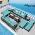 NICESOUL 18 Piece Outdoor Sectional with Fire Pit Table, Luxury Huge Patio Furniture with Fire Pit Table & Chaise Lounge, 14-Seater Wide Deep Seated Sofa for Deck, Poolside Gray & Turquoise