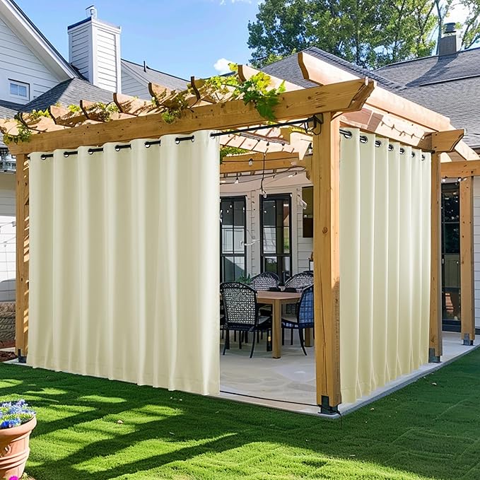 NICETOWN 2 Panels Outdoor Curtains for Patio Waterproof 95" Long, Windproof Grommet & Back Tab on Top & Bottom Thermal Insulated Sun Blocking Drapes with Rope for Gazebo, Beige, W100 per Panel