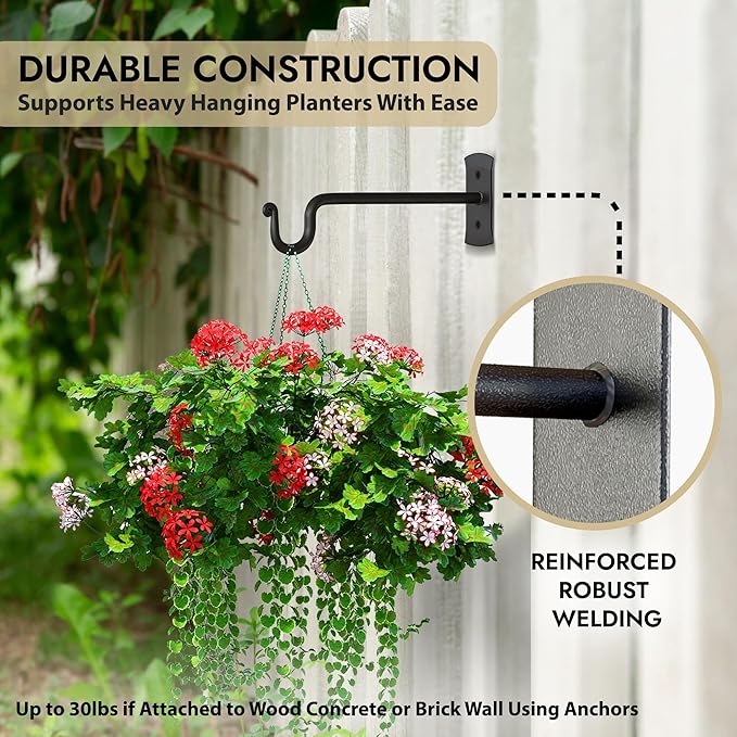 RTZEN Plant Hangers Indoor or Outdoor - Wrought Iron Metal Hanger Indoor Hook - Heavy Duty Wall Bracket Hooks for Hanging Plants Baskets Lanterns Wind Chimes - 2 Pack (Black Shepherds Hooks 7.5")