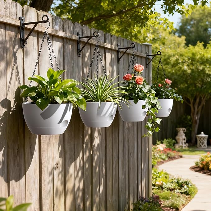 4 Pack 8 Inch Self Watering Hanging Planters for Indoor Outdoor Plants，Hanging Pots for Plants with Drainage Removable Tray, Hanging Baskets Flower Pots for Ivy Pothos Spider Garden Porch White