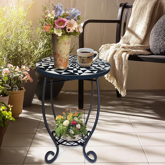 LIFFY Outdoor Side Table,12" Round Ceramic Tabletop Accent Table with Metal Frame, Indoor Small Decorative Plant Stand & End Table for Home, Patio, Garden