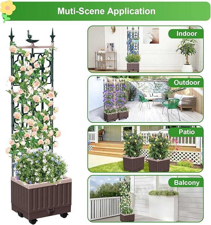 Raised Garden Bed Planter Boxes with Trellis,61.4" Self-Watering Trellis with Planter Box for Climbing Plants Flowers Vegetables with Wheels,Use for Indoor Outdoor