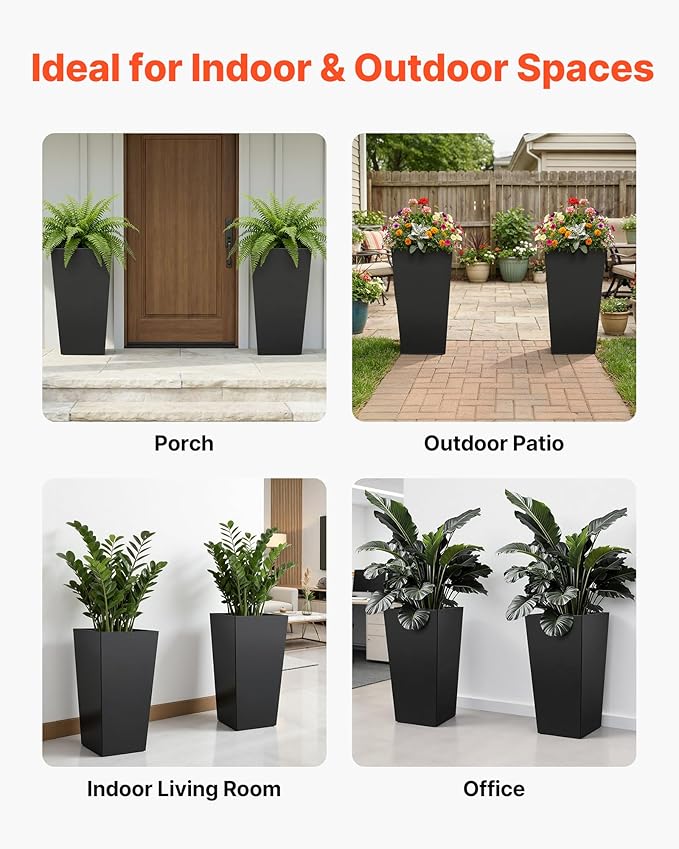 VEVOR 30 inch Tall Planters for Outdoor Plants Set of 2, Black Tall Planter for Indoor Plants, Modern Large Planters for Front Porch Patio Balcony, Plant Container Flower Pots with Built-in Drainage