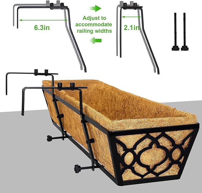 Y&M 24in Window Planter Box 4Pcs Iron Railing Planter with Coco Liner for Outdoor Balcony Rail, Fence, Porch, Patio