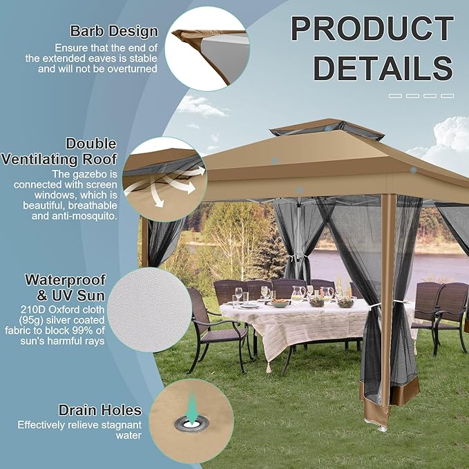 COBIZI 12x12 Pop up Gazebo on Clearance Canopy Tent, carpas para Patio, Outdoor Canopy with Portable Carrying Bag for Vendor, Outdoor Patio Gazebo for Garden, Backyard,Beach, Brown