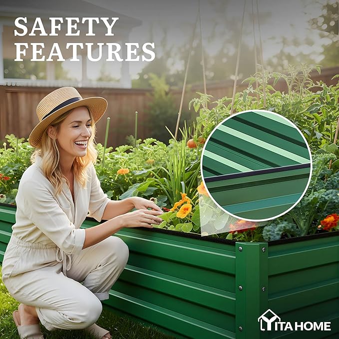 YITAHOME 12x4x1ft Large Raised Garden Bed Kit, Galvanized Metal Planter Box with Gloves, Ground Nails, Support Rod, Outdoor Above Ground Planters for Plants Vegetables Flowers, Green