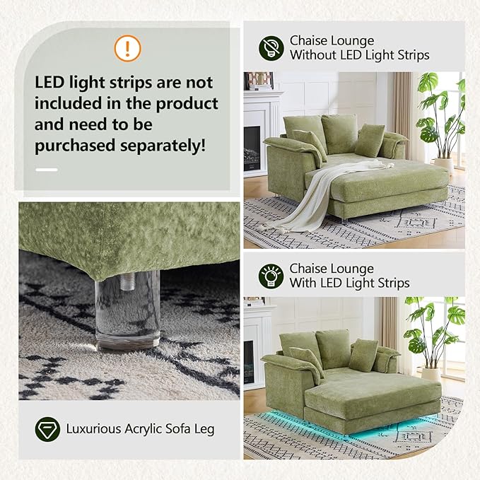 VINGLI Modern Floating Chaise Lounge Chair with Acrylic Legs, Upholstered Cushion Deep Seat Lounge Sofa with Iron-Wood KD Frame, Pillow Armrest, Accent Chair for Living Room, Play Room Apartment