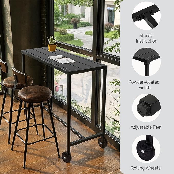 Outvita Outdoor Bar Table, 37" Height Wheeled Patio Pub Table with Waterproof Frame and Adjustable Foot for Hot Tub, Patio, Backyard, Balcony, Hallway, Bistro Rectangle, Black