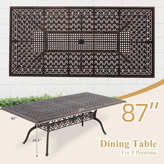 87" Cast Aluminum Outdoor Dining Table – Rectangular Red Copper Patio Table with Strawberry & Leaf Design, 2" Umbrella Hole, Weather-Resistant for Garden, Backyard, and Lawn