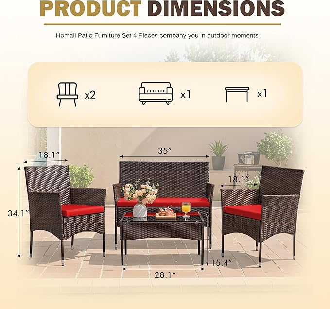 Homall 4 Pieces Patio Rattan Chair Wicker, Outdoor Indoor Use Backyard Porch Garden Poolside Balcony Furniture Sets (Red)