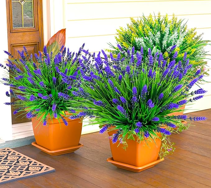 Artificial Plants Outdoor, 22 Pcs Fake Flowers UV Resistant Outdoor Artificial Lavender Flowers, Plastic Faux Plants for Porch Garden Planter Yard Window Box