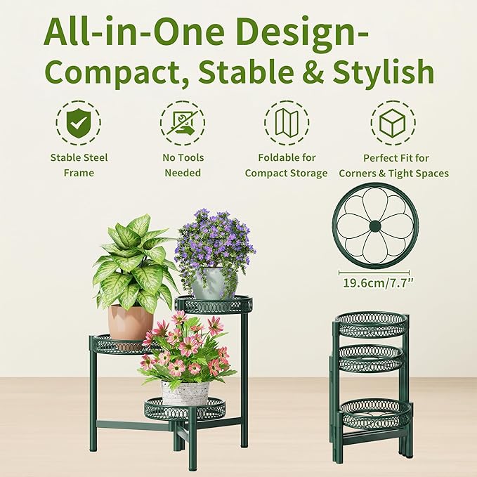 Plant Stand Indoor Outdoor, 3 Tier Corner Metal Flower Display Holder Shelf, Folding Tall Plant Rack for House Patio Balcony Porch Garden Living Room, Heavy Duty Anti-Rust Wrought Iron - GreenFlower
