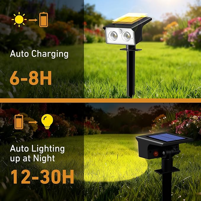 btfarm Solar Spot Lights Outdoor Waterproof, 4 Pack/3 Modes Motion Sensor Lights, Solar Powered Spotlights 2-in-1 Auto On/Off for Outside Pathway Yard Garden Landscape Lighting, Warm White