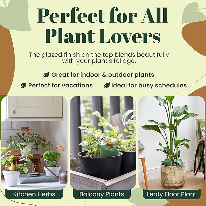 Terracotta Self Watering Planter Insert - Set of 4 Clay Ollas with Slim Bottom for Easy Soil Insertion, Glazed Top, Slow-Release Plant Watering System for Indoor & Outdoor Plants