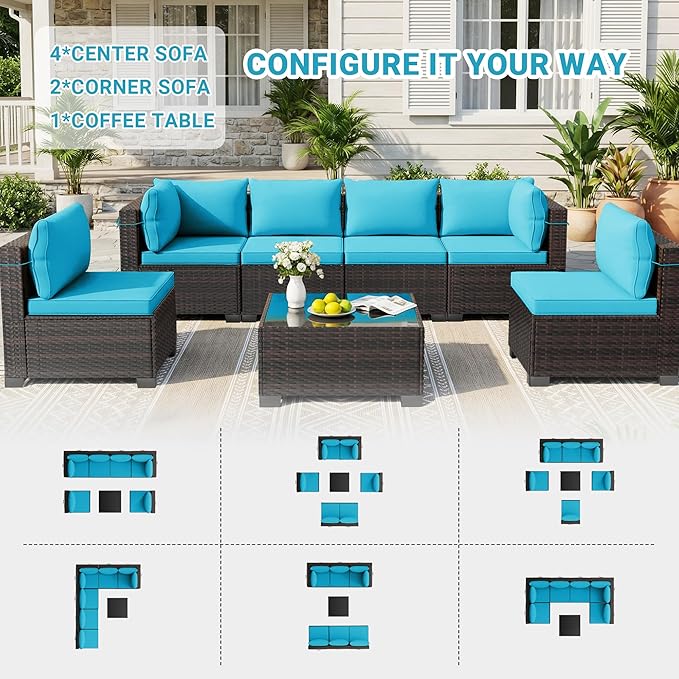 LEVELEVE 7 Pieces Outdoor Patio Furniture Sets,Rattan Conversation Sectional Set,Manual Weaving Wicker Patio Sofa with Tea Table