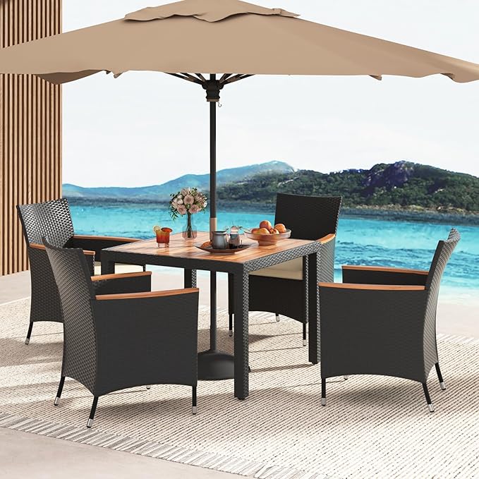 Tangkula 5 Pieces Rattan Outdoor Dining Set for 4, Outdoor Acacia Wood Table Set with 4 Cushioned Wicker Chairs, Umbrella Hole, Patio Dining Furniture Set for Deck Pool Backyard