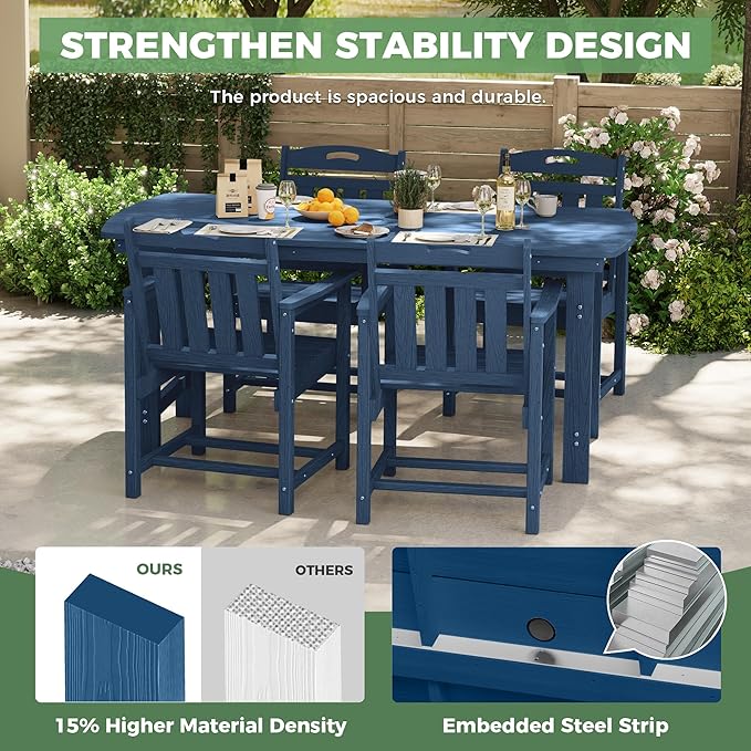 HDPE Outdoor Patio Dining Set with Table & 4 Chairs, All-Weather 5-Piece Outdoor Table and Chairs, 2" Umbrella Hole, Patio Furniture for Garden, Backyard, Deck | Navy Blue