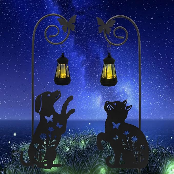 Solar Dog and Cat Lantern Garden Stakes - Outdoor Decorative Solar Lights for Yard, Patio, Pathway - Weatherproof Metal Pet Stake with Auto Night Lighting