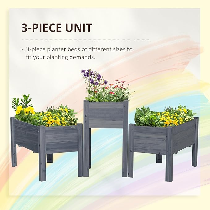 Outsunny Raised Garden Bed Set of 3, Wooden Elevated Planter Box with Legs and Bed Liner, for Backyard and Patio to Grow Vegetables, Herbs, and Flowers, Gray