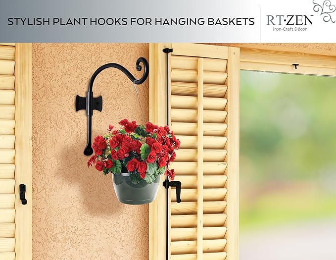 RTZEN Plant Hangers Indoor or Outdoor - Wrought Iron Metal Hanger Indoor Hook - Heavy Duty Wall Bracket Hooks for Hanging Plants Baskets Lanterns Wind Chimes - 2 Pack (Black Axe-Shape Hooks)