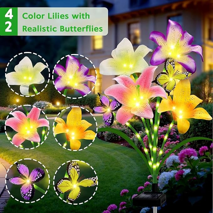 6 Pack Solar Garden Lights LED Solar Lilies Flower Lights, Yard Patio Pathway Decoration High Flexibility Copper Wire Handmade Silk Artificial Flowers Never Wither, Gift for Family, Friends
