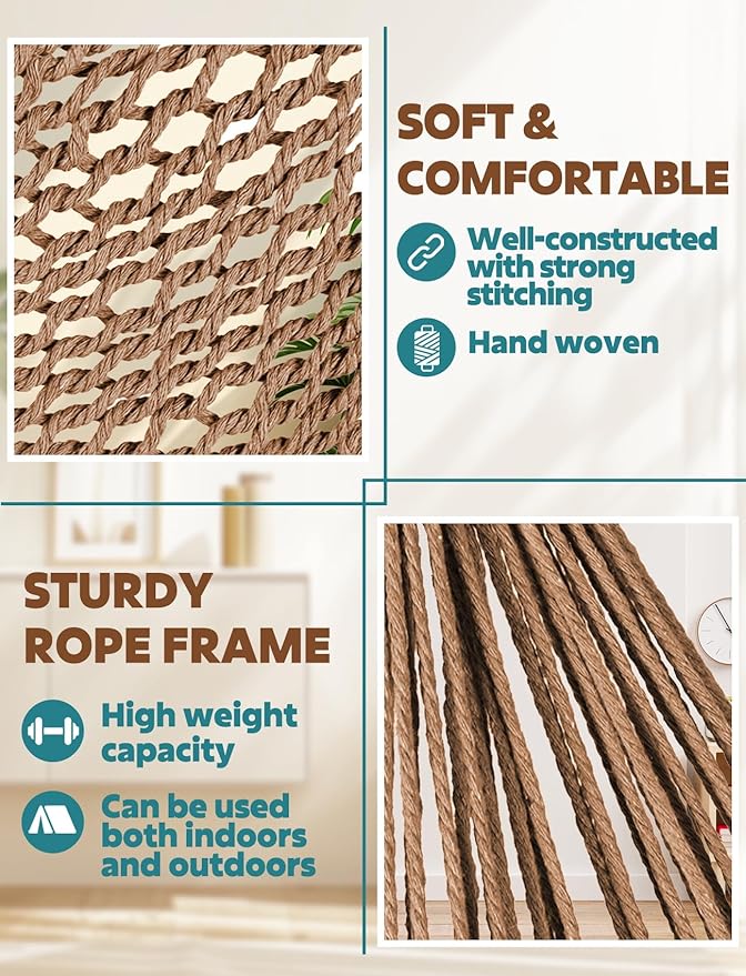 Chihee Hammock Chair Super Large Soft-Spun Cotton Rope Weaving Hanging Chair, Collapsible Strong Metal Spreader Bar Wide Seat Lace Stretch Swing Chairs Indoor Outdoor Garden Yard Theme Decoration