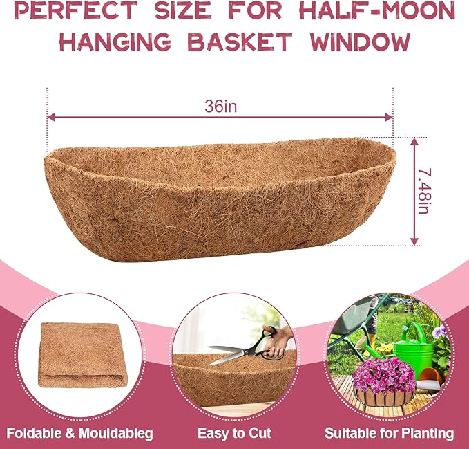 Riare 2 Pack 36 Inch Trough Coco Coir Liners for Planters, Pre-Formed Coconut Coir Replacement Liner Natural Coco Fiber Window Box Liners for Wall Planter, Window Basket Deck Railing Planter