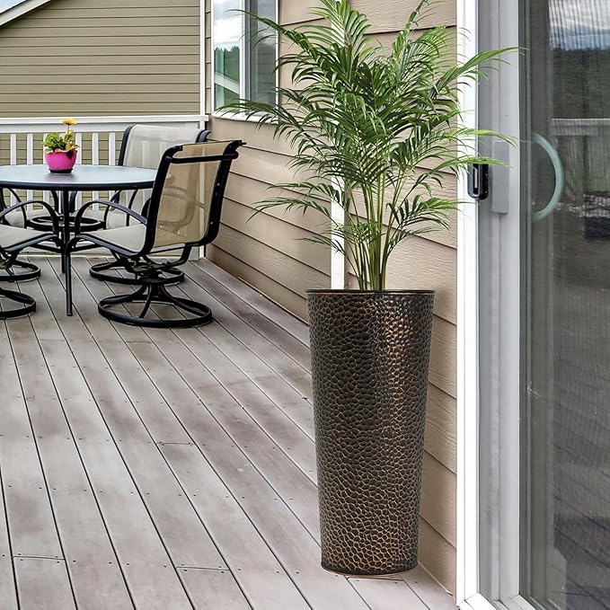 Worth 2 Pack 28" Tall Narrow Metal Planter with Inside Pot for Indoors or Outdoors, Deck, Patio or Front Porch, Hand-Hammered Texture, Bronze