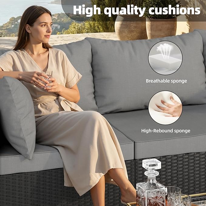 Skyfish 7 Pieces Patio Furniture Sofa - Outdoor Sectional Wicker Rattan Furniture with Cushion and Glass Table Patio Conversation Sets for Porch Poolside Backyard Outdoor Sofa Set Modular Sofa