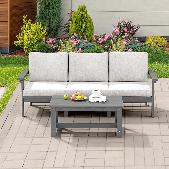 SERWALL HDPE Patio Sofa Set, 4-piece Sectional Outdoor Furniture Set, All Weather Outdoor Couch Set Patio Furniture Set for Deck, Lawn, Grey Frame with Khaki Cushion