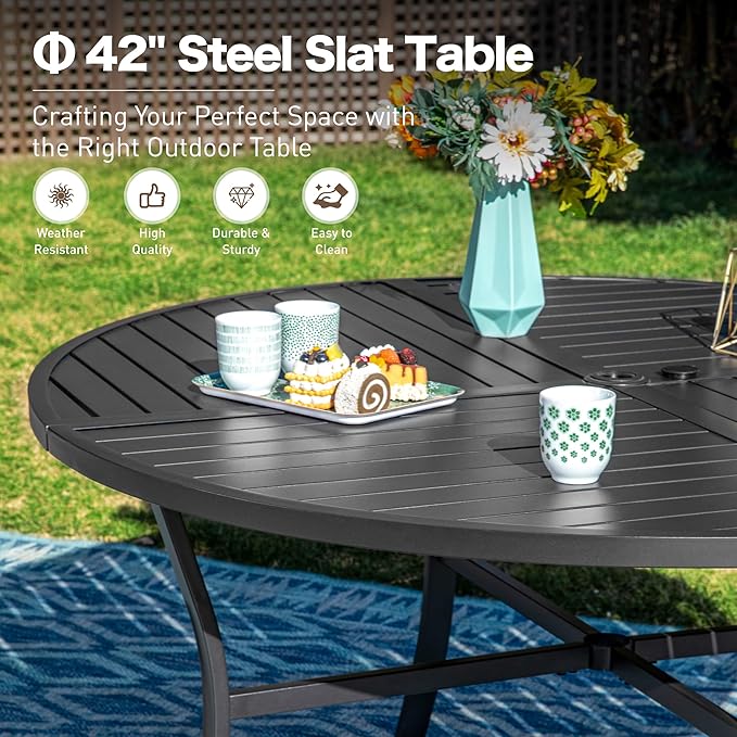 5 Pieces Patio Dining Set, 4 x Woven Rattan Chairs with Waterproof Cushion, 42” Metal Round Dining Table with Umbrella Hole, Outdoor Table and Chairs Set for Backyard Lawn and Deck, Beige
