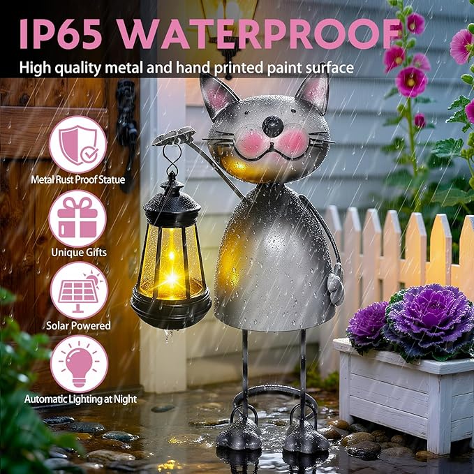 Garden Decor Cat Solar Statues,Unique Garden Statues Cat with Solar Lantern Waterproof, Birthday Gifts for Women Mom Grandma, Front Patio Balcony Yard Art Lawn Ornaments Porch Outdoor Decoration