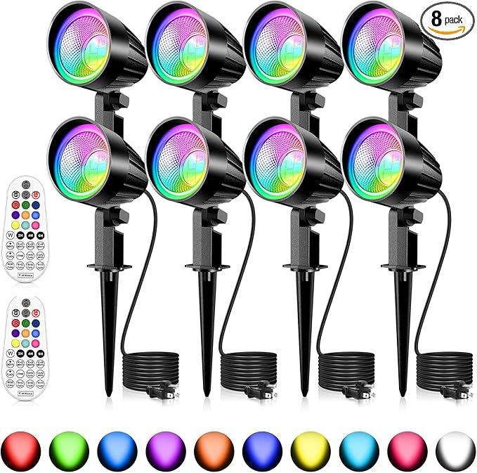 MEIKEE 15W RGB Landscape Spot Lights Outdoor, RGBW Color Changing Landscape Lighting with Remote Control, IP66 Pathway Lights for Christmas Halloween Party Festival Decoration (8 Pack)