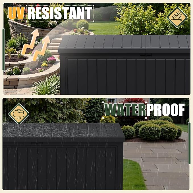 JUMMICO 270 Gallon Outdoor Storage Deck Box with Divider, Double Wall Storage Box with Lockable Lid for Garden Tools, Pools Supplies (Black)