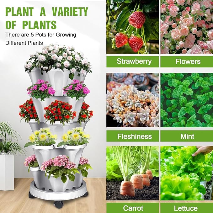 Vertical Strawberry Planter 5 Tier Stackable Tower Herb Planters-Stacking Garden Outdoor Planter Pot With Tools Mover For Succulents, Vegetables and Flowers