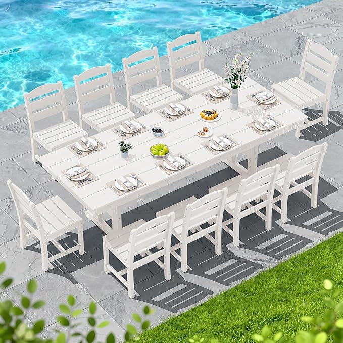SERWALL Outdoor Dining Chairs Set of 4, All-Weather HDPE Patio Chair with 19.7" Widened Seat, for Backyard, Garden, White