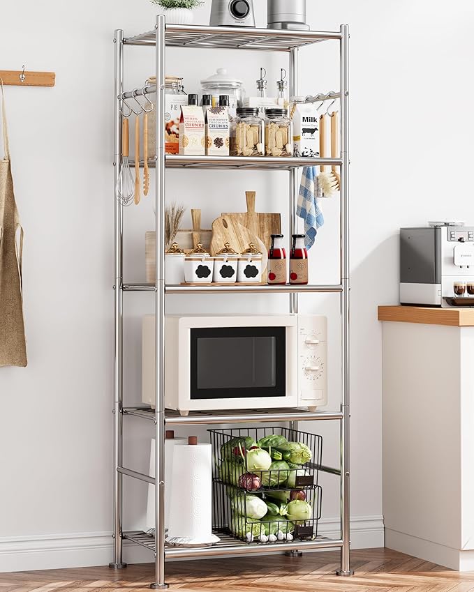 Storage Shelves - 5-Tier Large Capacity Shelf Organizer with Hooks, Heavy-Duty Garage Shelving with Leveling Feet, Wobble-Free Rack for Bedroom, Balcony, Garage, 18.1"×12.4"×56.8", Silver