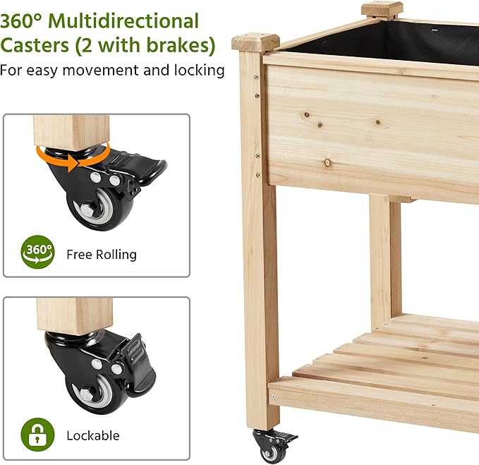 Yaheetech 42x23x33in Wooden Raised Garden Bed with Wheels Horticulture Flower Planter Boxes Elevated Vegetables Growing Bed for Grow Herbs and Vegetables