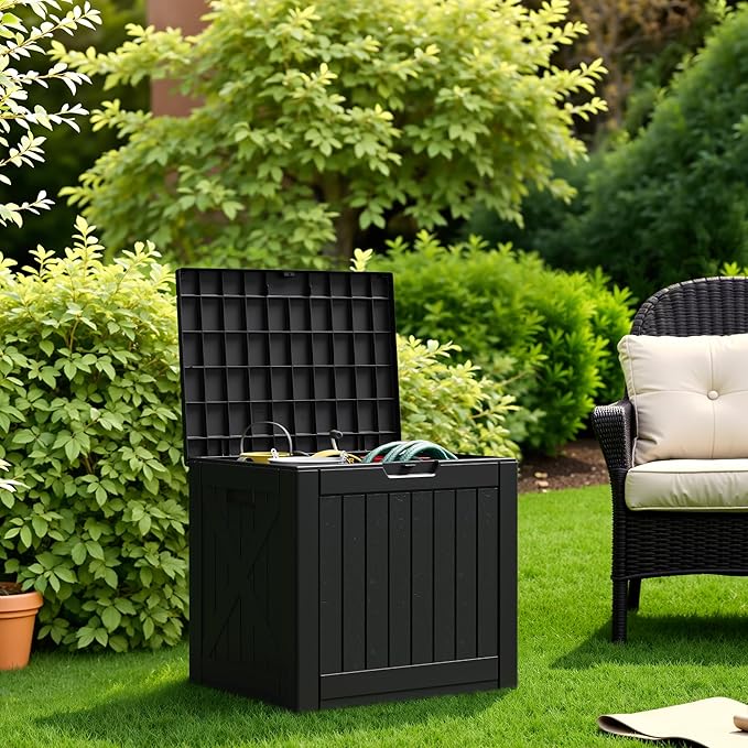 Flamaker Resin Deck Box 40 Gallon Waterproof Outdoor Indoor Storage Box Imitation Wood Resin for Patio Furniture Garden Tools and Pool (Black)