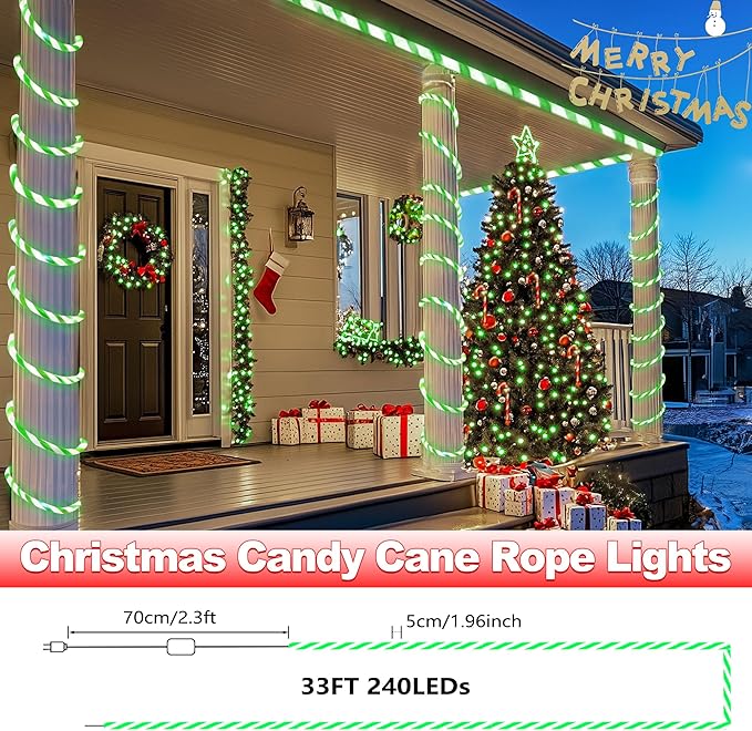 Jnaurb Christmas Candy Cane Lights, 33ft 240 LED Connectable Flexible White & Green Candy Cane Rope Lights for Outside, 8 Modes Waterproof LED Christmas Light for Garden Patio Tree Holiday Party Decor