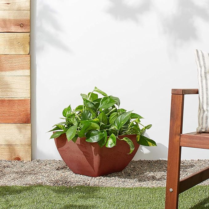 PSW Pot Collection 12x6 inch Plastic/Stone/Wood Composite Square Planter – No Drainage Hole (Drillable), Modern Indoor/Outer Pot for Flowers, Foliage, Succulents, Fairy Gardens Terra Cotta Color