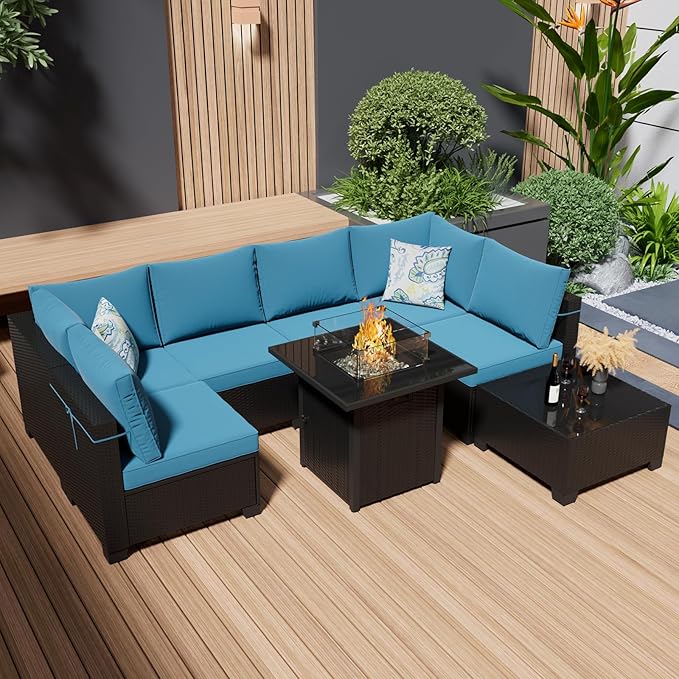 8 Piece Patio Furniture Set with Fire Pit Table, Rattan Outdoor Sectional Sofa, Durable Conversation Set for Backyard, Garden, Deck (Coffee/Peacock Blue)