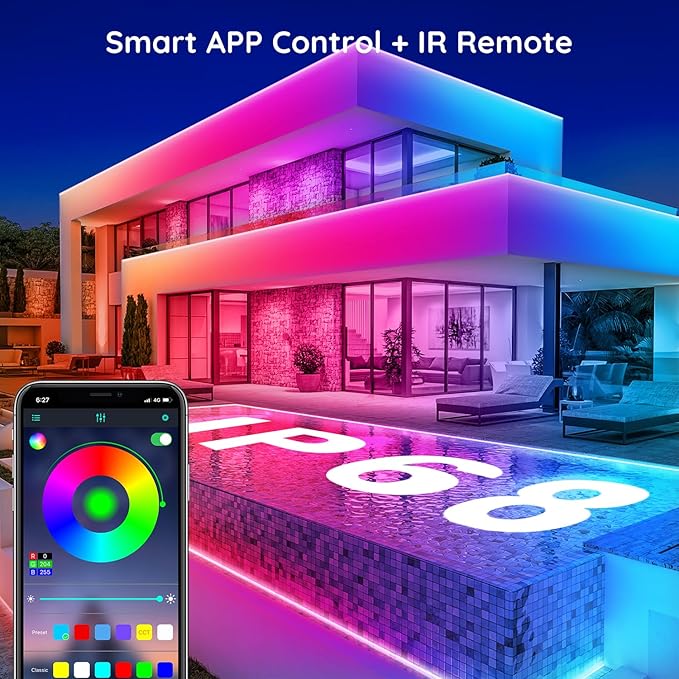 FBZ 100Ft Outdoor Waterproof LED Strip Lights,Music Sync RGB IP65 Led Lights with App Control and Remote,Color Changing Waterproof Led Rope Lights for Outdoor,Balcony,Roof,Garden,Stairs Party