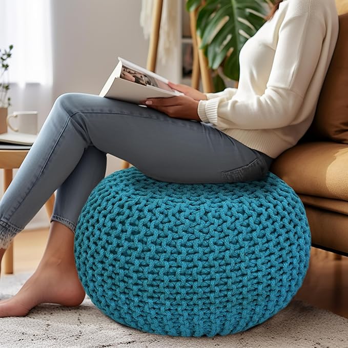 COTTON CRAFT Round Pouf - Hand Knitted Cotton Braid Cord Cable Dori Floor Pouf - Foot Stool - Ottoman Footrest Accent Seat Furniture Bean Bag - Living Room Kids Room Nursery Dorm Décor - 20x14 - Teal